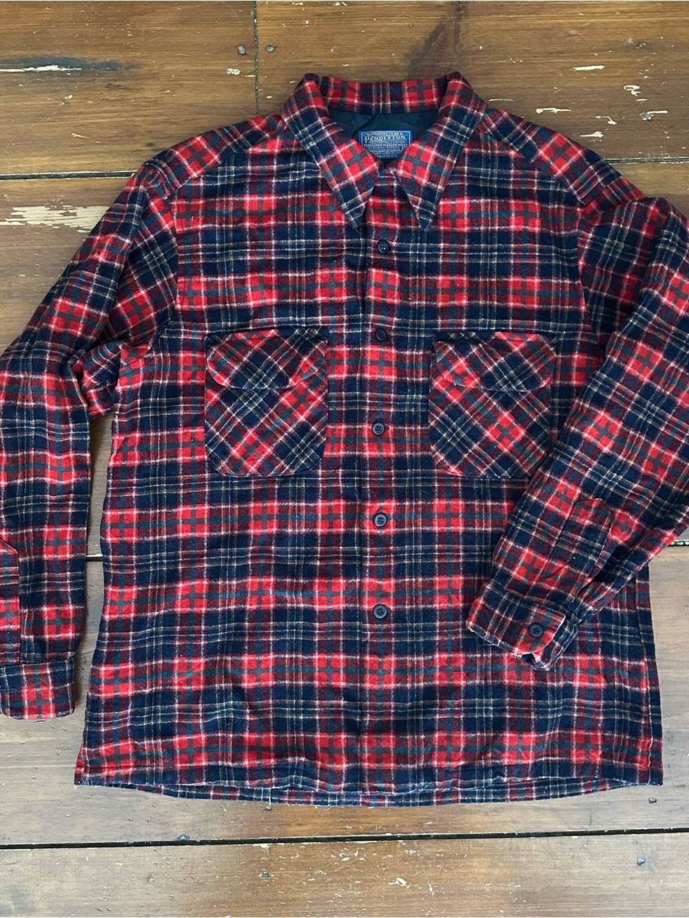 Pendleton Board Shirt 100% Wool Red and Navy Plaid Button-Down
